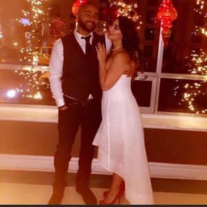 White strapless dress with floor length train